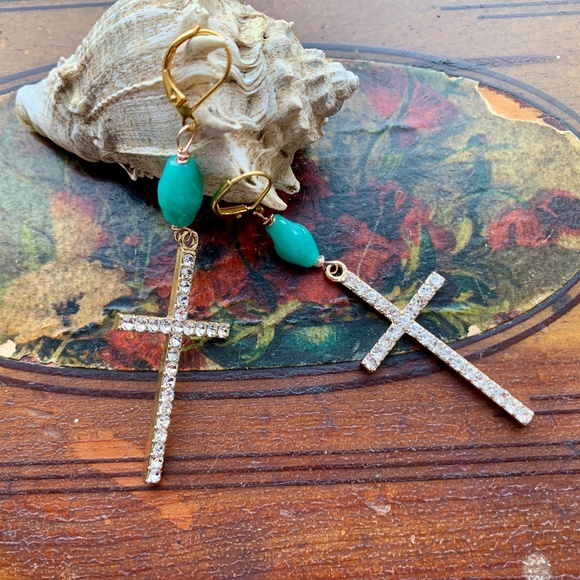 Handmade Crystal & Vint. Aqua Glass Bead Earrings - Picture 7 of 11